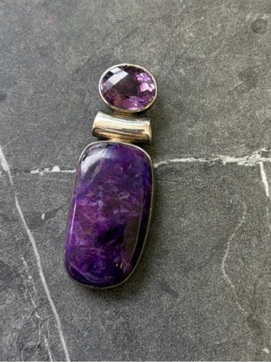 Source Unknown Jewelry - Sterling Silver Pendant Featuring an Oval Charoite Stone Paired with Amethyst